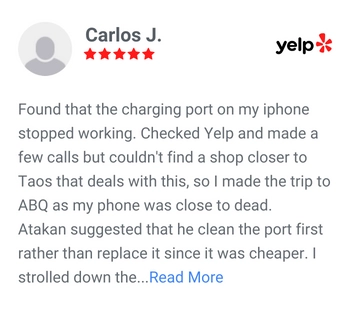 Carlos j. review on yelp for ABQ Phone Repair