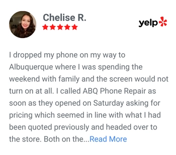 Chelise R. review on yelp for ABQ Phone Repair